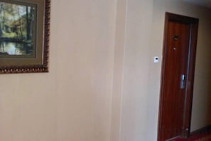 A hallway with a framed picture on the left and a wooden door on the right. - Family Portrait Grand Hotel (Guidong)