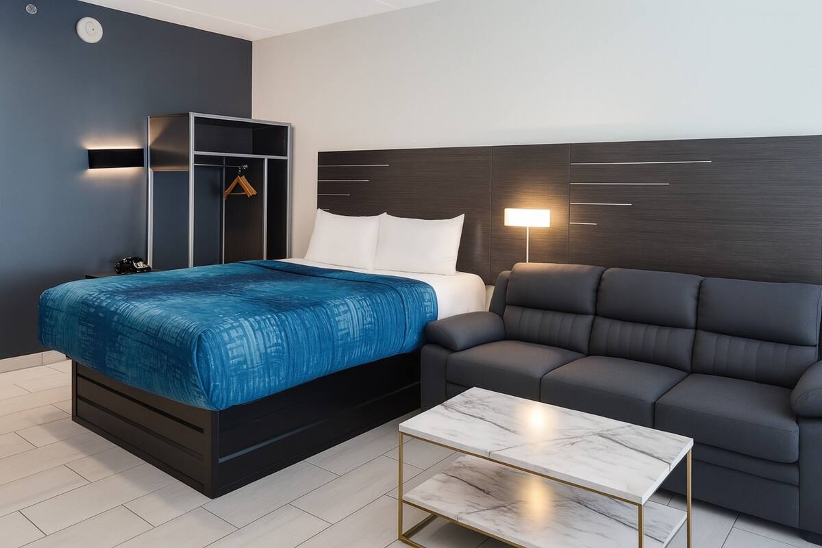 A modern hotel room with a bed, a sofa, a bedside table, and a wardrobe.