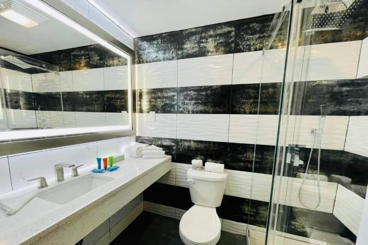 Shower, free toiletries, hair dryer, towels