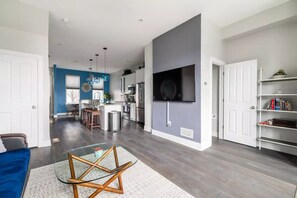 Smart TV, fireplace, foosball