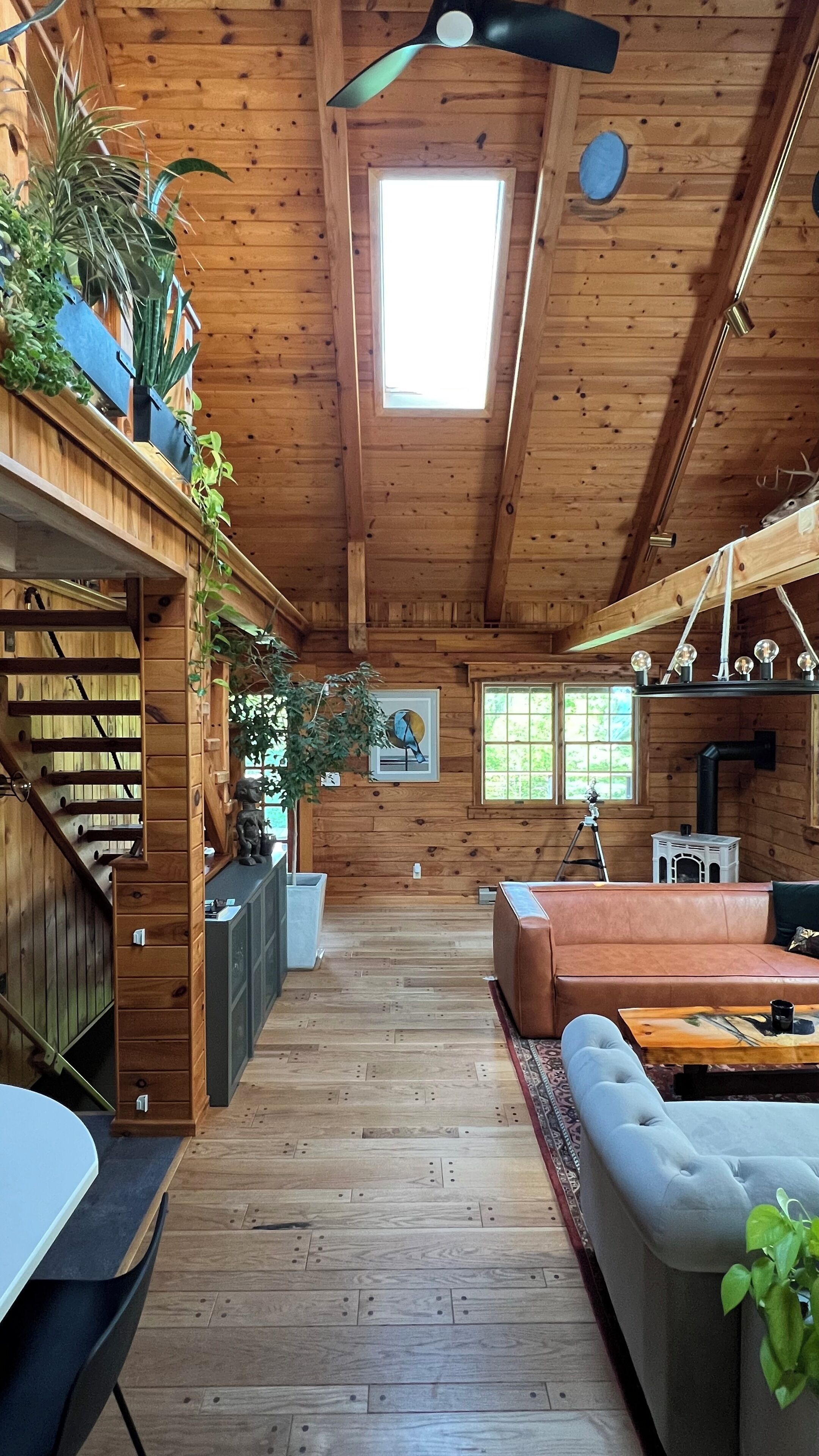 Smart TV, fireplace, books, stereo