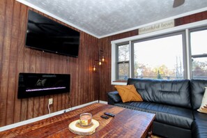 Smart TV, fireplace, foosball