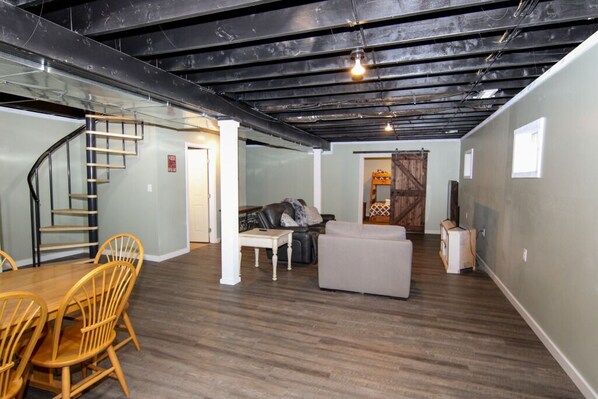 Smart TV, fireplace, foosball