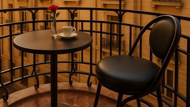 Un balcón con una mesa redonda, una silla, un florero con una rosa roja y una taza.