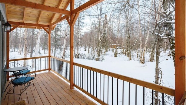 A wooden deck with a railing, overlooking a snowy forest. - Forestlane Cottage 2 (Palmer)