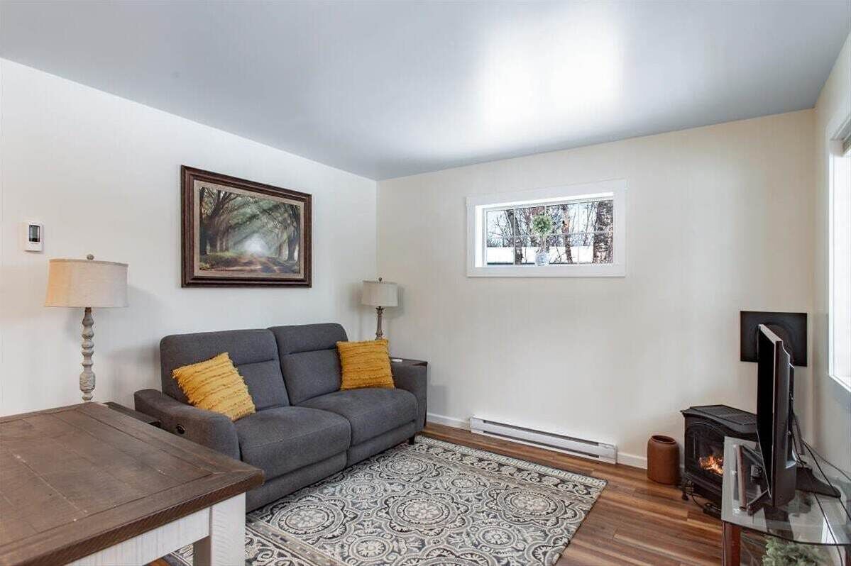 Un salon avec un canapé gris, un tapis à motifs, une cheminée et un tableau accroché au mur.