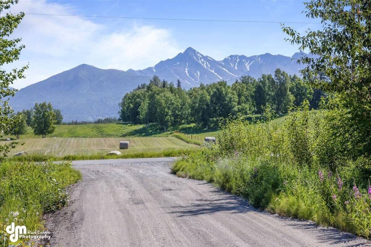 A rural road with a mountain in the background.
