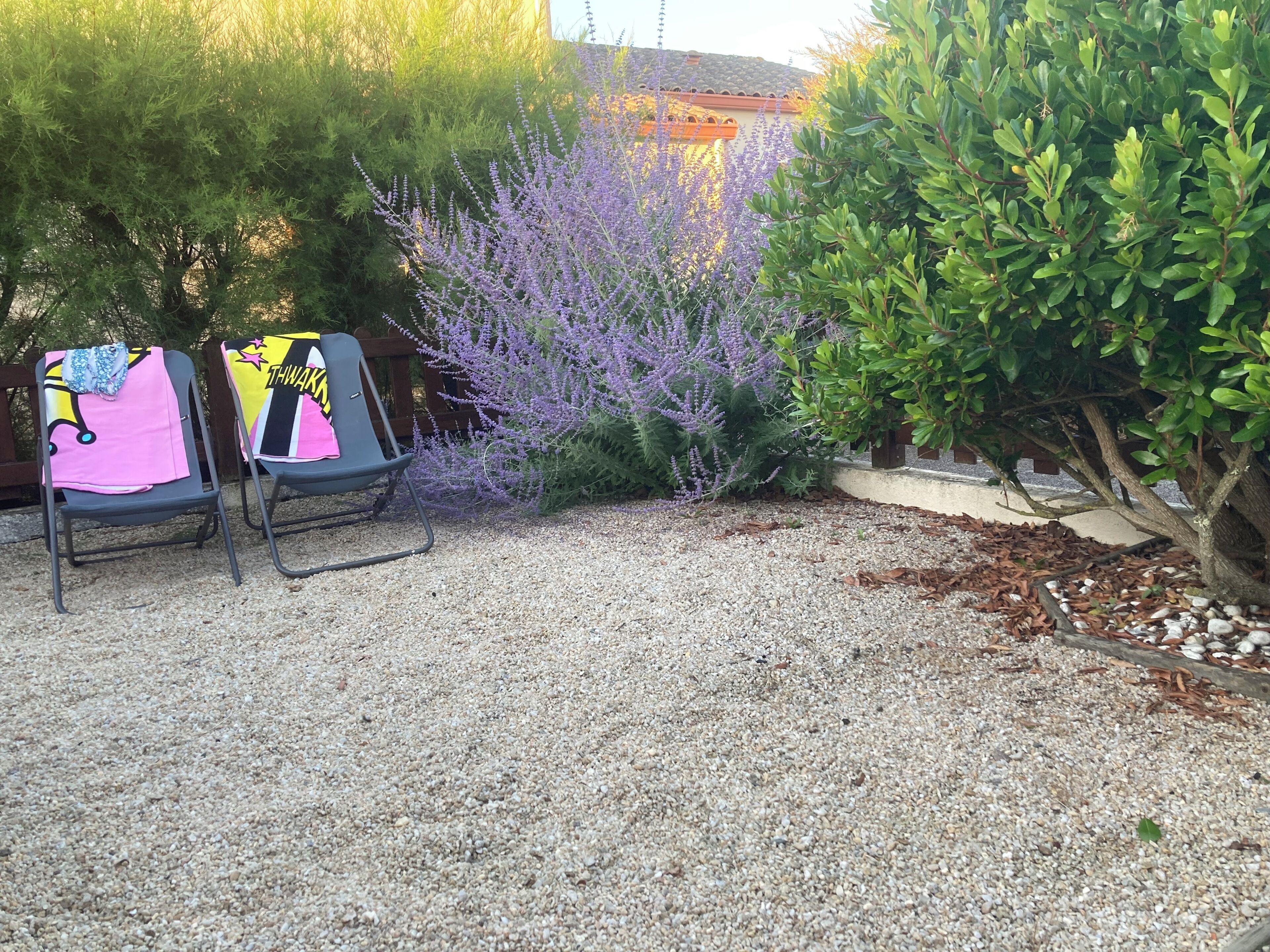 Two chairs with colorful covers, a gravel path, and various shrubs.