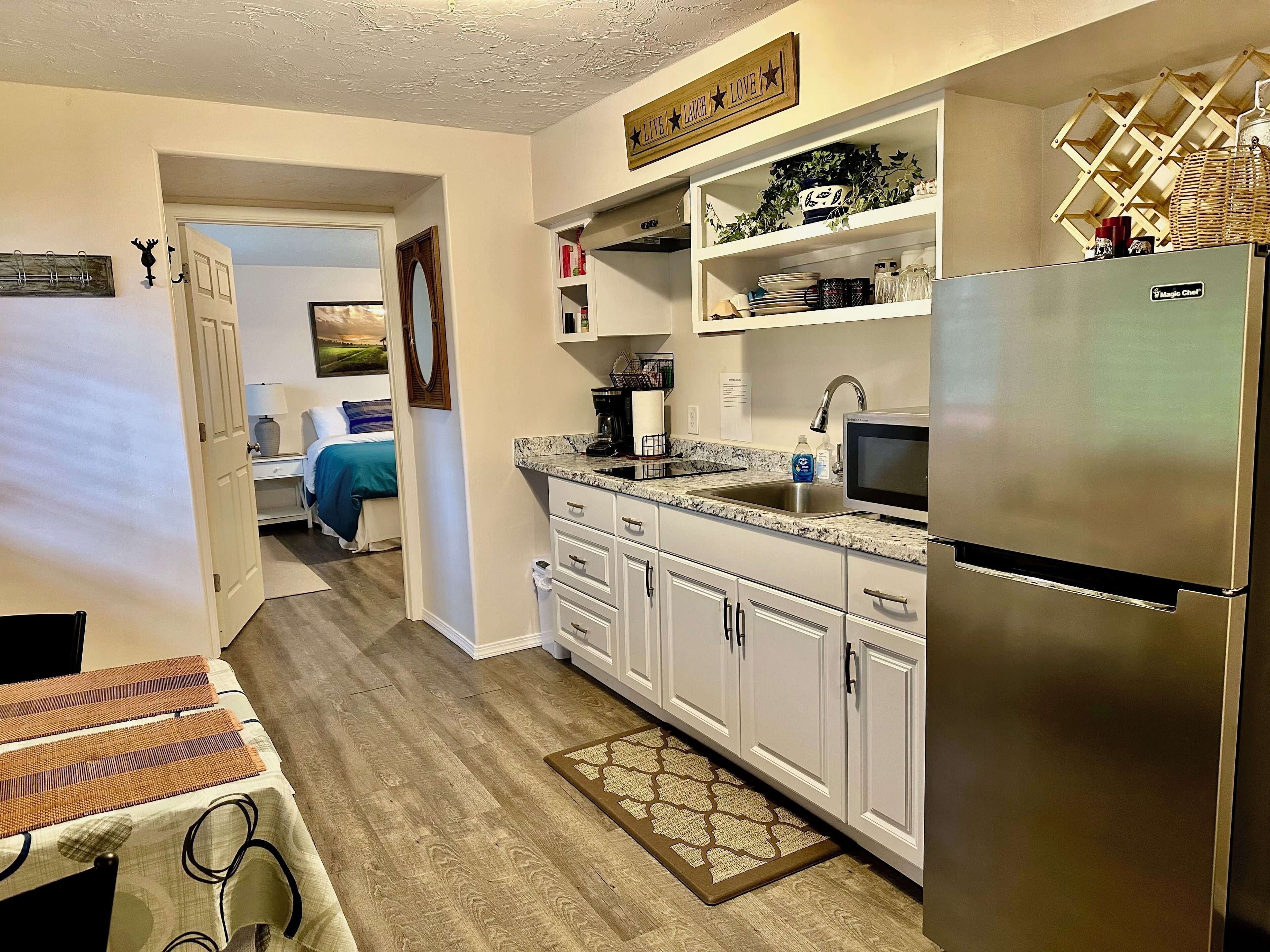 Fridge, microwave, coffee/tea maker, electric kettle