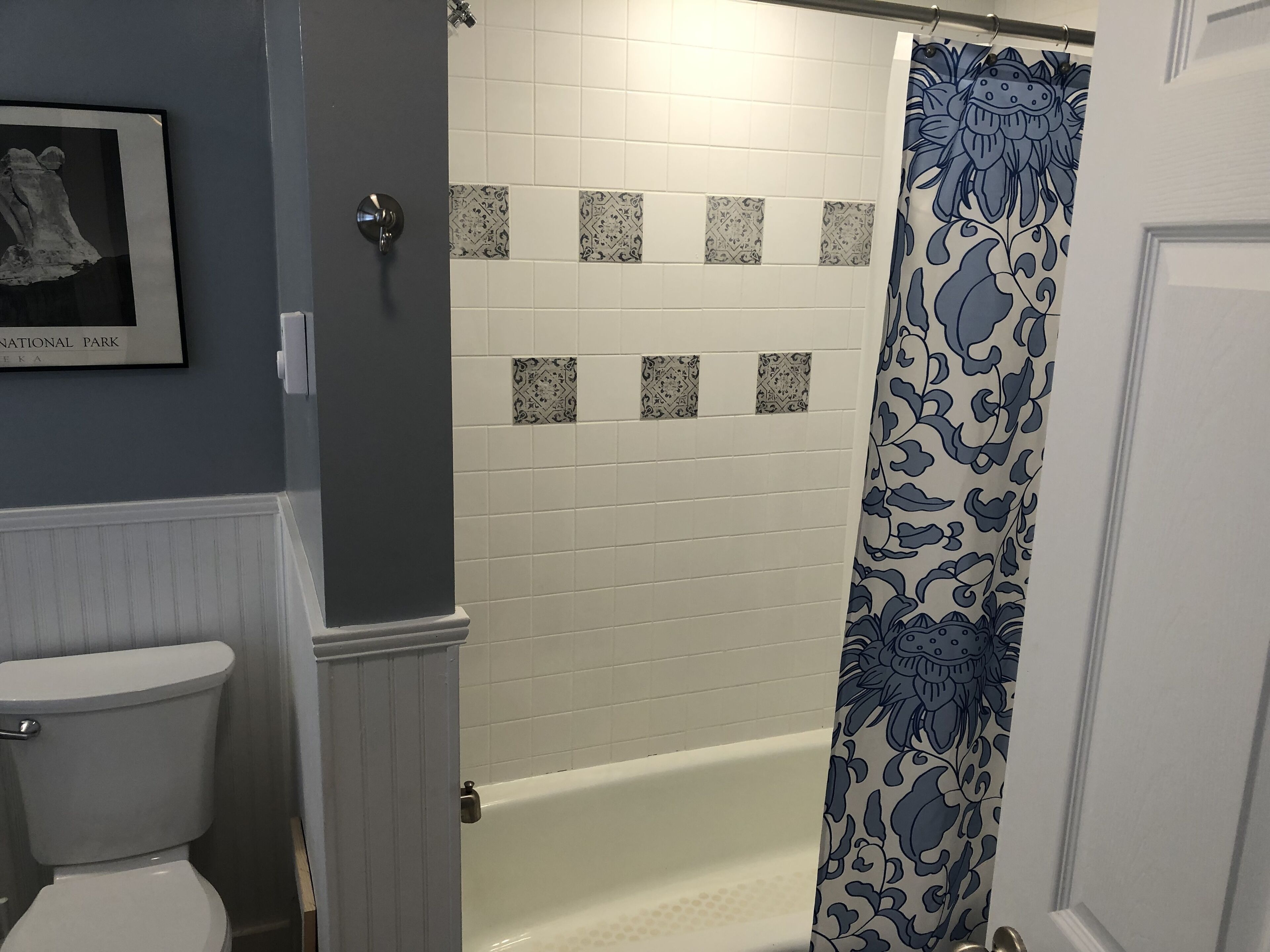 Un bagno con il water, una vasca e una tenda da doccia.
