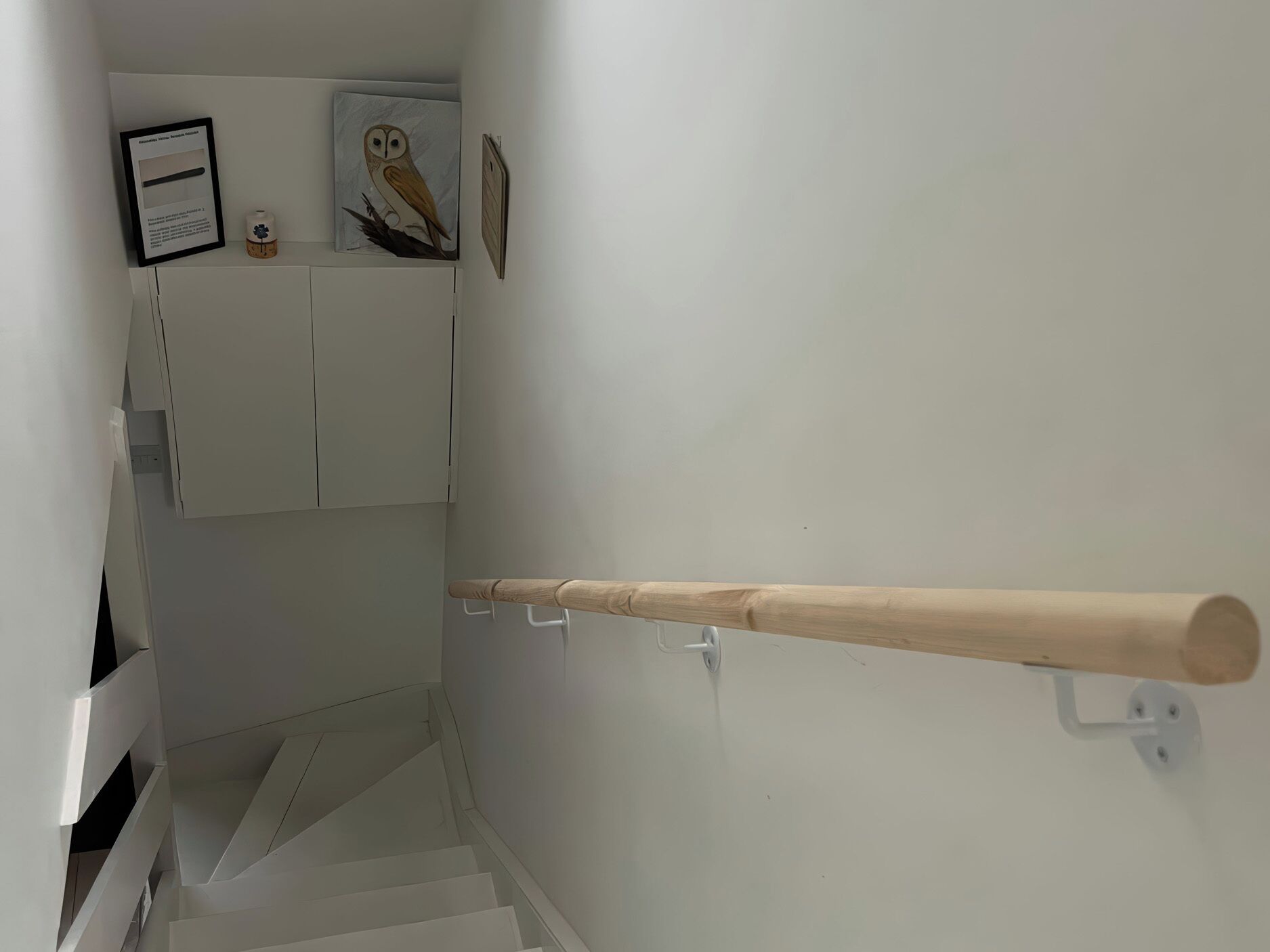 Un escalier étroit avec une rampe en bois, des murs blancs et un tableau représentant une chouette, encadré.