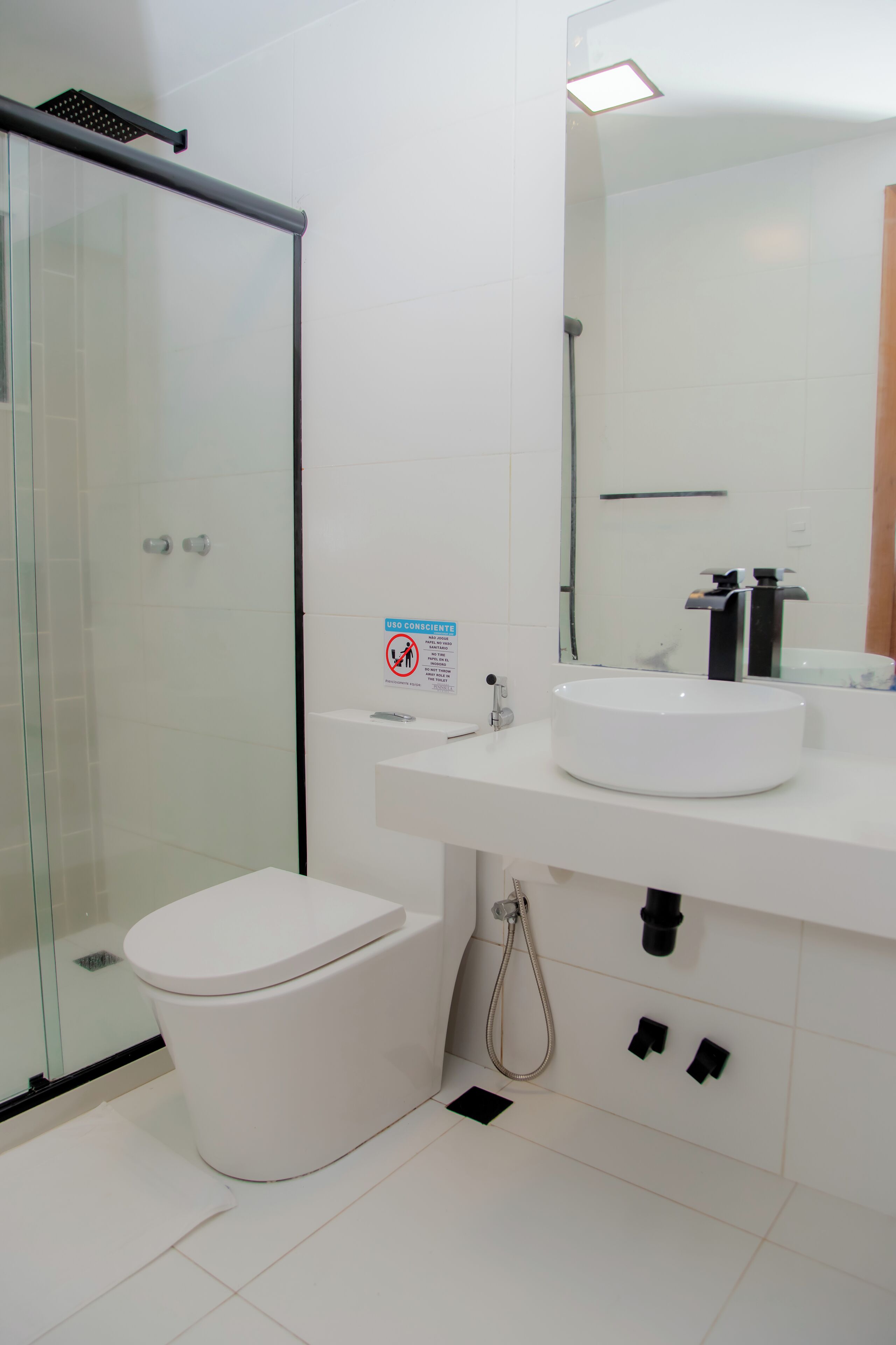 A modern bathroom with a glass shower enclosure, a white sink, and a toilet.