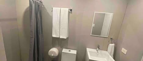 A compact bathroom with a shower, toilet, and sink.