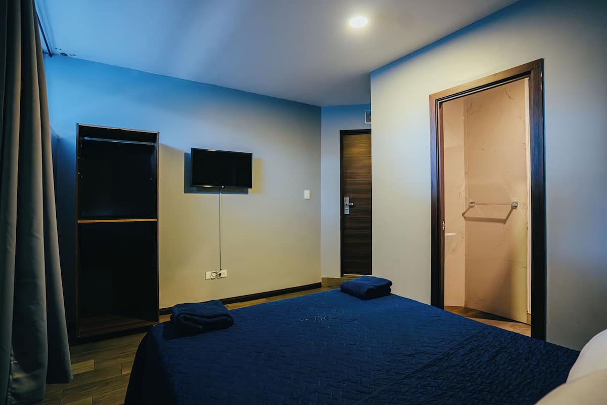 Een slaapkamer met een bed, een aan de muur bevestigde televisie en een kledingkast.