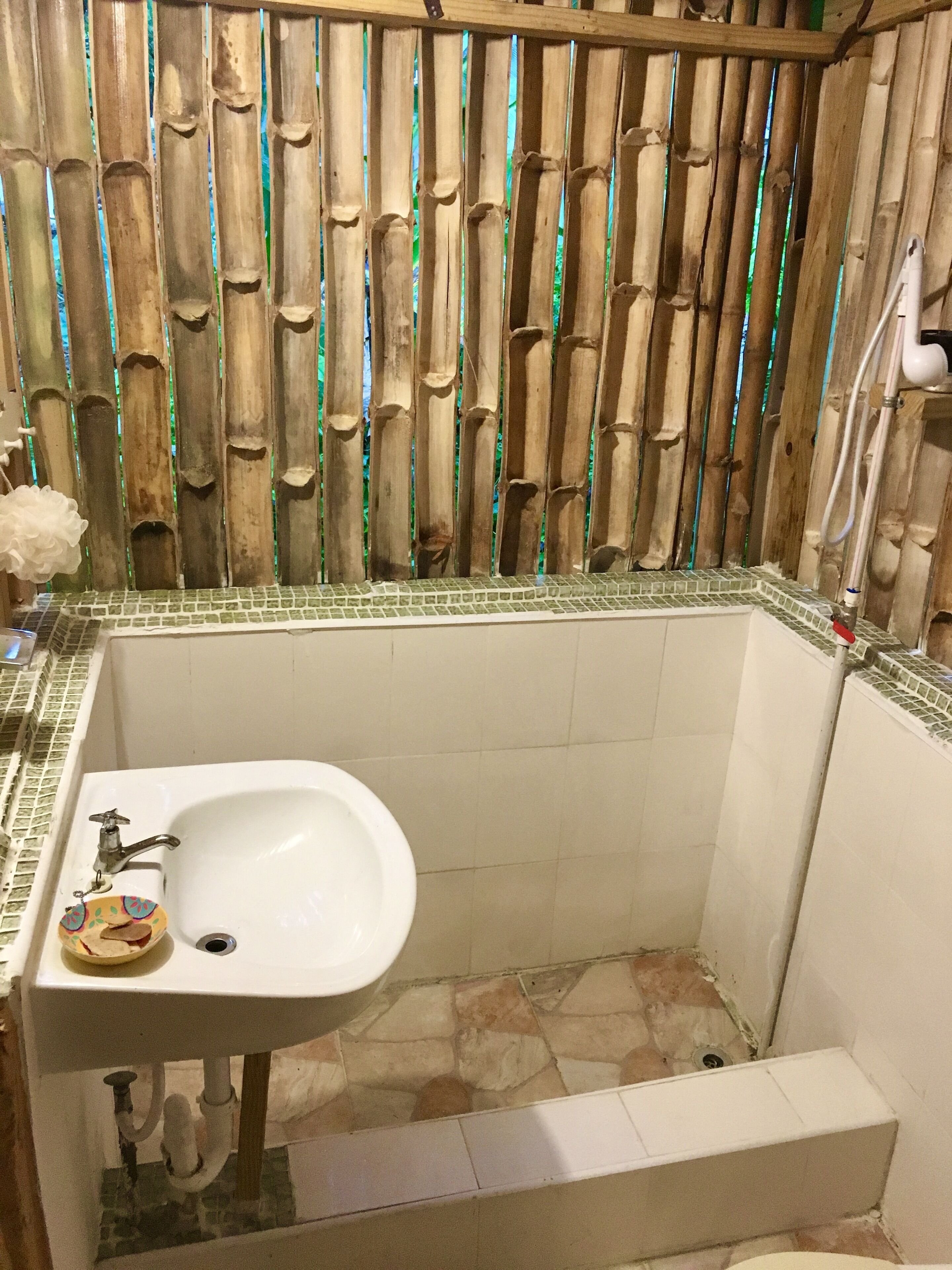 Shower, towels, soap, toilet paper