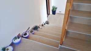 Eine Treppe mit Holzwandlaufung und beigefarbenen Stufen.