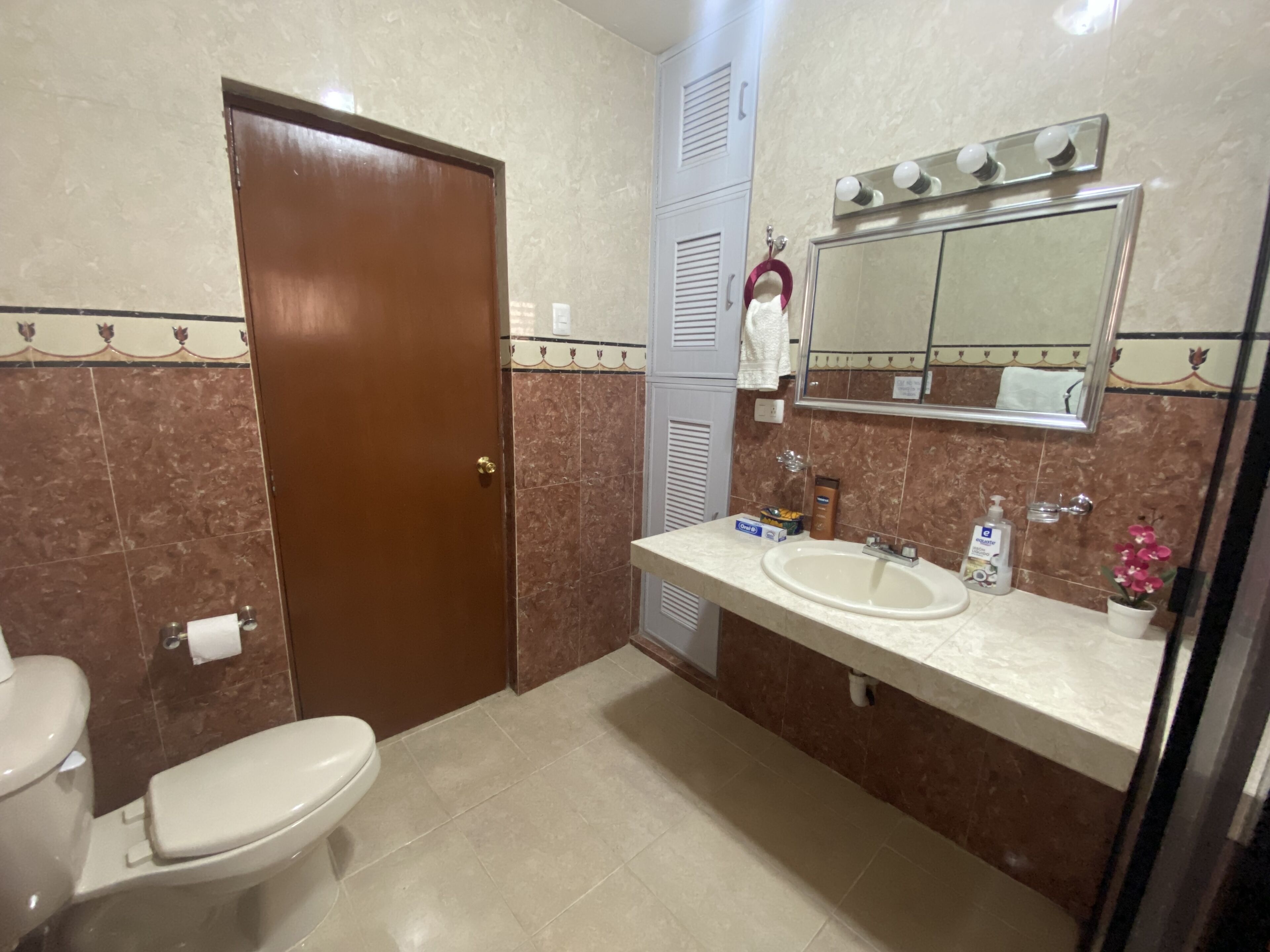 A bathroom with a toilet, sink, mirror, and towel rack.