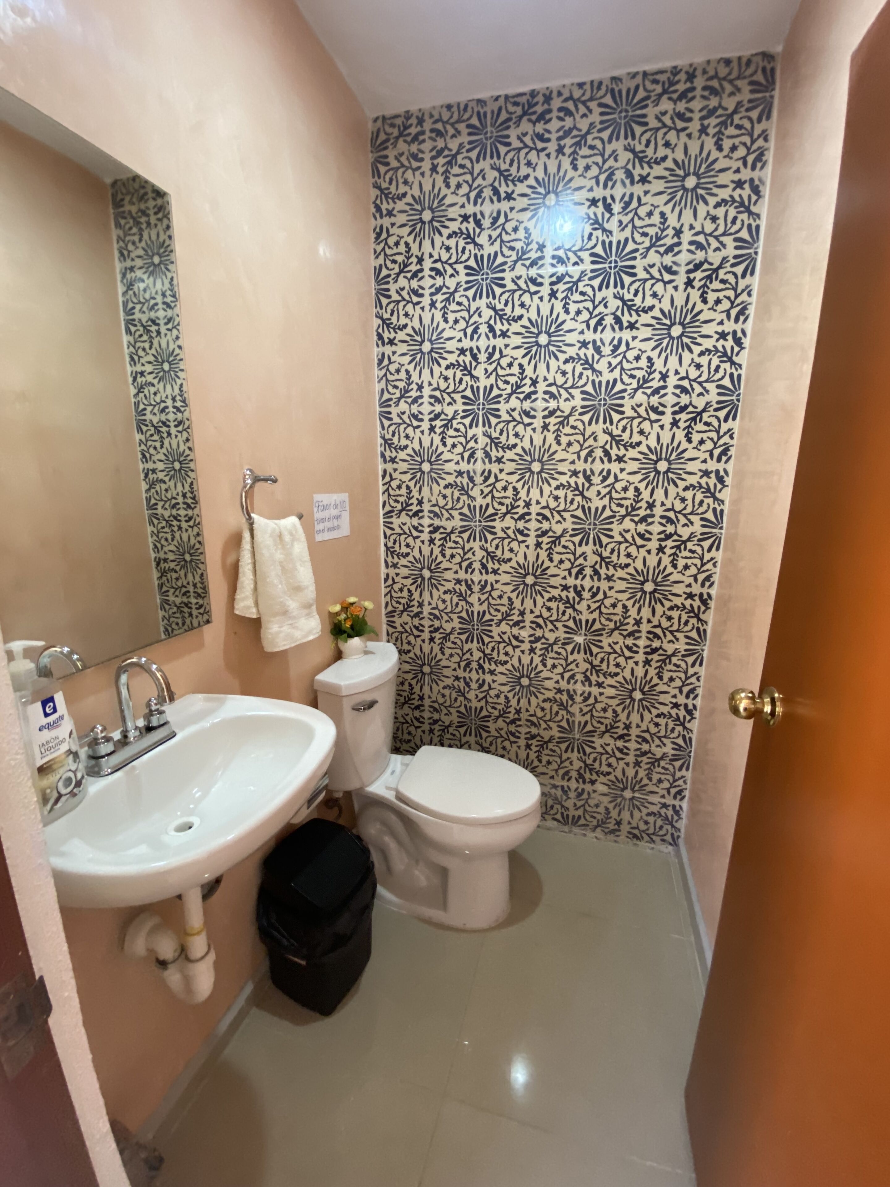 Une salle de bain avec un lavabo blanc, un miroir et des toilettes. Un mur est décoré d’un motif et une petite plante est posée sur le mur.