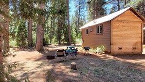 A cabin in a forest with a picnic table and chairs, a grill, and a small fire pit.