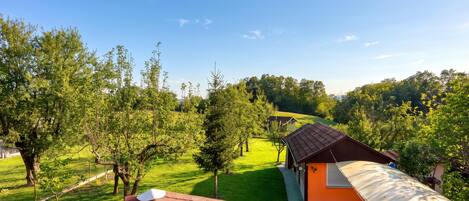 Ländliche Landschaft mit einem kleinen Haus, einer Wiese und Bäumen.