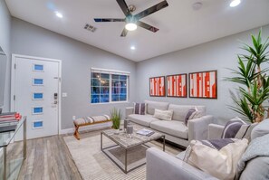 Smart TV, fireplace, books