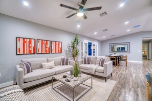 Smart TV, fireplace, books