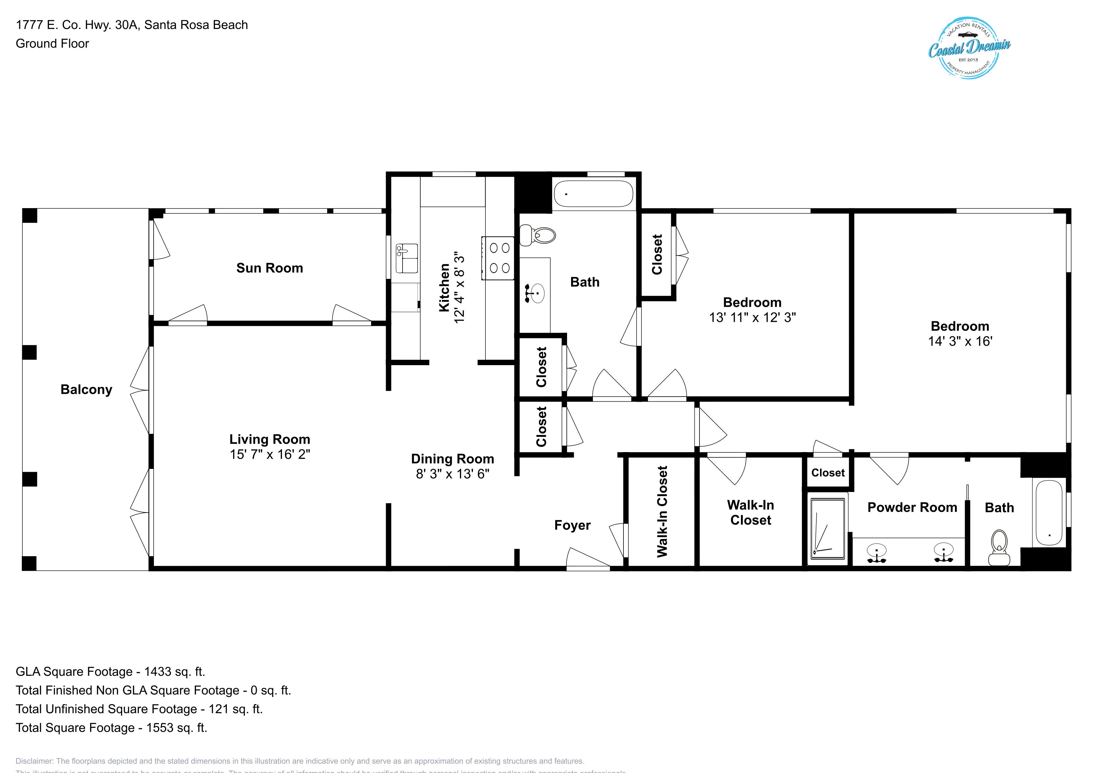 Plan d’étage d’un bien immobilier situé au rez-de-chaussée, au 1777 E. Co. Hwy. 30A, à Santa Rosa Beach. Il comprend un balcon, un solarium, un salon, une salle à manger, une cuisine, deux chambres, un dressing, un hall d’entrée, des toilettes et une salle de bain.