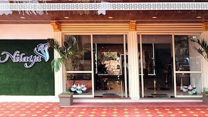 Entrada de hotel con pared verde, logotipo de delfín y corazón, y un cartel con el nombre.