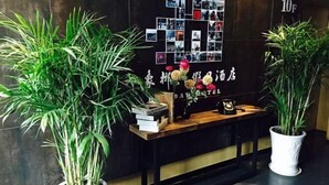 Una recepción con una pared de fotos, dos plantas en macetas y una mesa de madera con libros y una cámara.