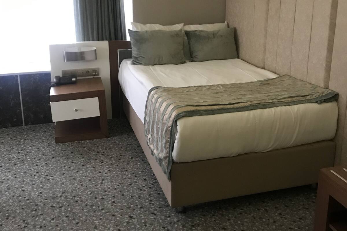 A hotel room with a bed, a bedside table, a lamp, a window with curtains, and a carpeted floor.