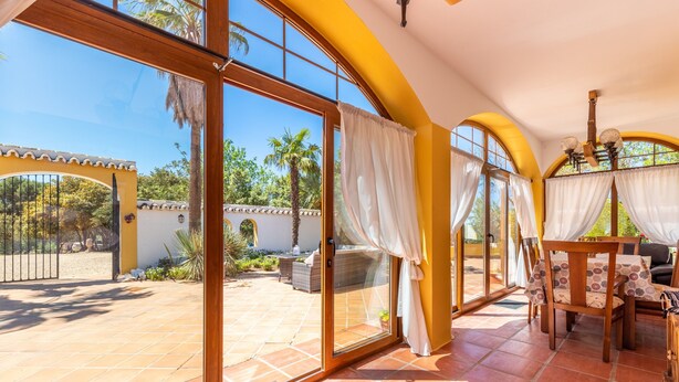 Une terrasse ensoleillée avec une porte-fenêtre coulissante, un coin repas avec une table et des chaises, et une vue sur un jardin et des palmiers.