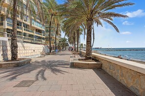 A paved walkway lined with palm trees and a building with balconies, leading to a beach. - Unique beachfront apartment with spectacular sea views, pool, Wi-Fi, and terrace (Marbella)