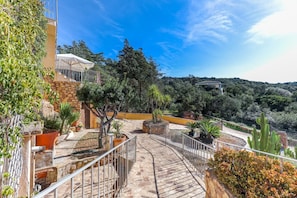 Un chemin de pierre mène à une terrasse agrémentée de plantes en pot et offrant une vue sur un paysage montagneux.