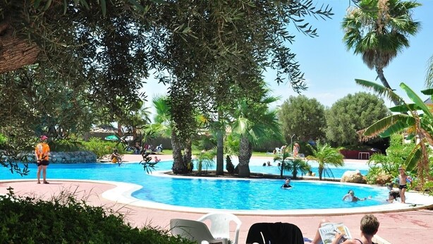 A pool area with a curved edge, surrounded by palm trees and greenery. - Villa Miantojo near the coast with Private Pool, Terrace, A/C & Wi-Fi. (Mazarrón)