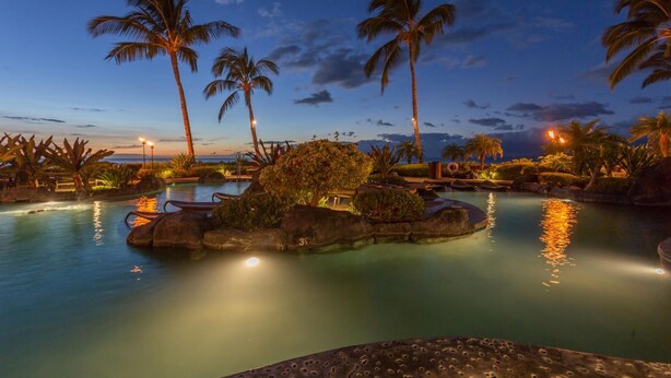 A nighttime resort pool area with palm trees, a central island, and surrounding vegetation. - 🏖️Garden View Waikoloa Condo w/ A/C + Ocean Club Access (Waikoloa)