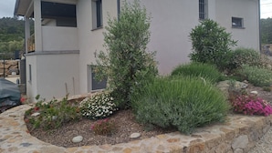 A modern two-story house with a white exterior and a tiled roof. There is a well-maintained garden with various shrubs and flowering plants. - Superb villa, 5km from Solenzara. Air-conditioning, swimming pool, fenced grounds. (SOLARO)