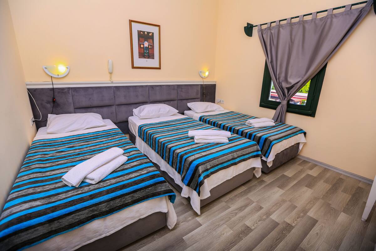 A hotel room with two single beds, each with striped bedding and white pillows. There are bedside lamps, a framed picture on the wall, and a window with curtains.