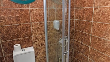 A bathroom with a toilet, a glass shower enclosure, and a marble-tiled wall.