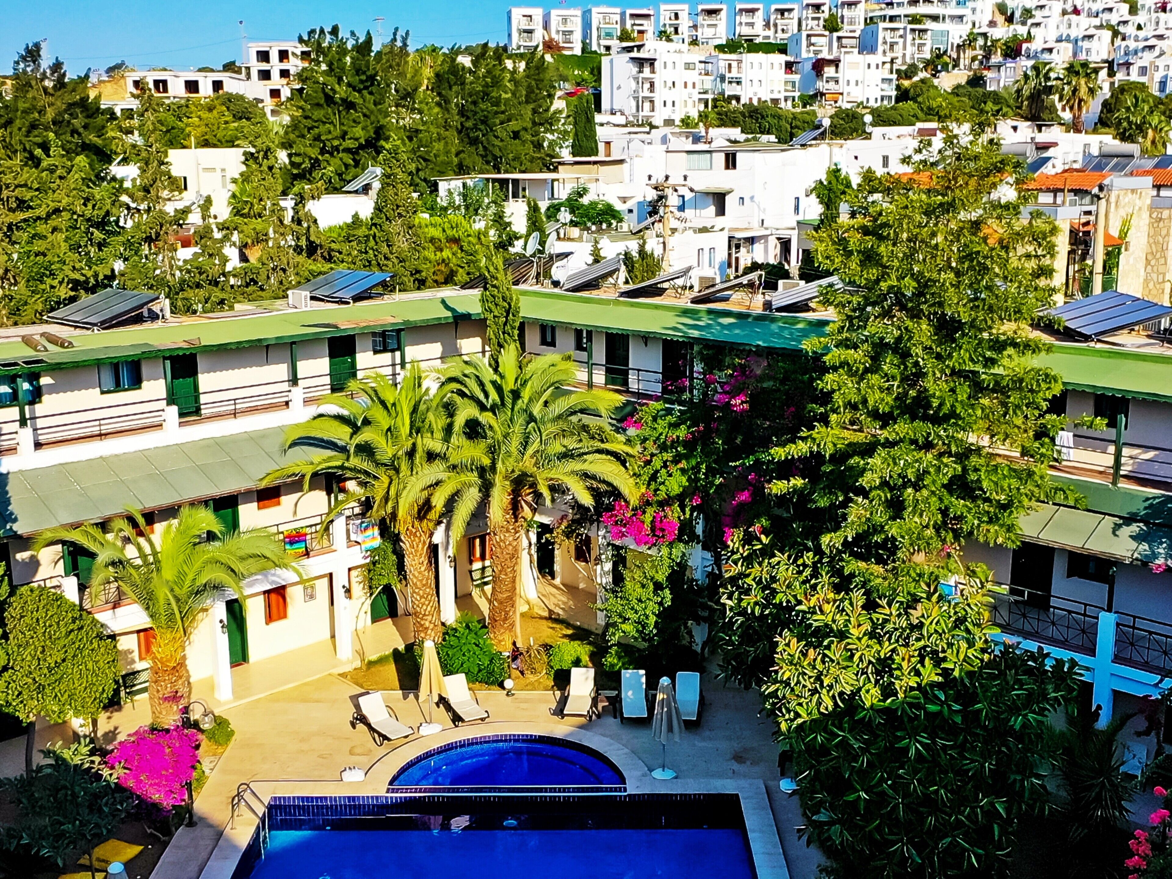 Ein Hotel mit Swimmingpool, Palmen und Solaranlagen auf den Dächern.