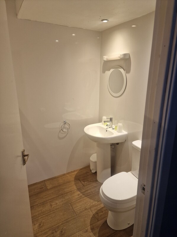 A small, modern bathroom with a wooden floor, white walls, a round mirror, a sink, and a toilet. - Isle of Skye Guest house (Kyleakin)