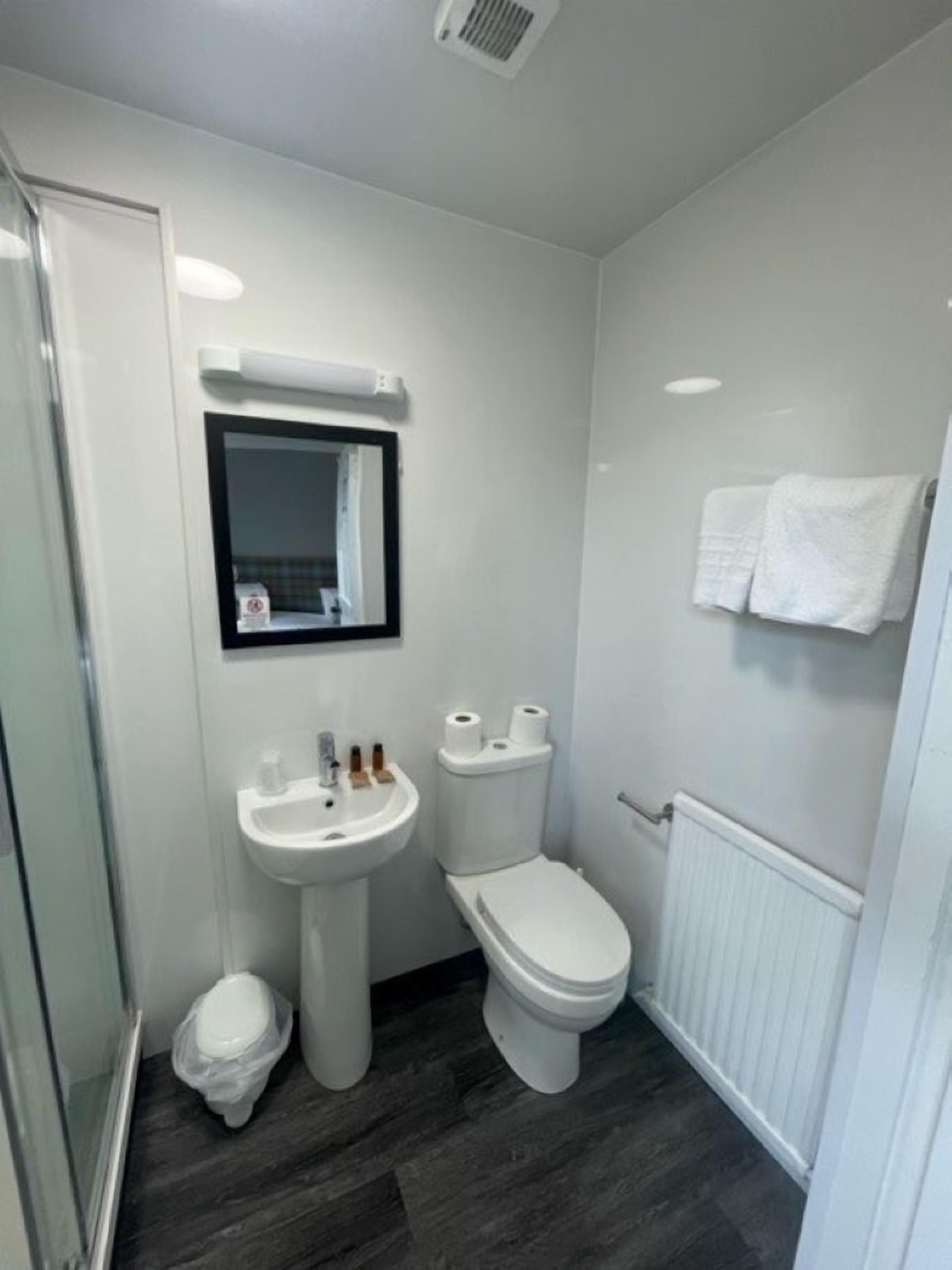 A compact bathroom with a white sink, toilet, and a glass shower enclosure.