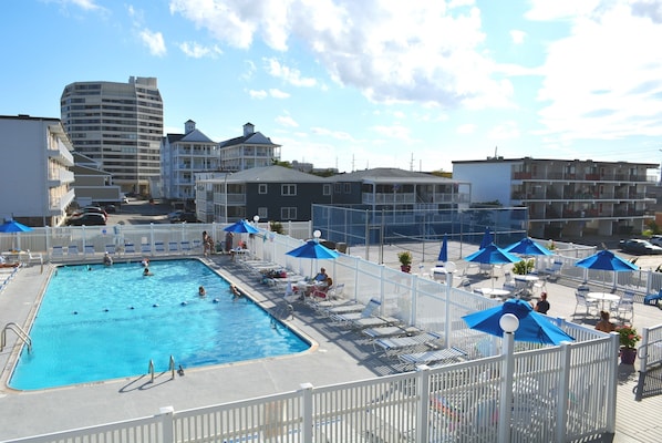 Piscina com espreguiçadeiras e guarda-sóis, cercada por uma vedação branca.