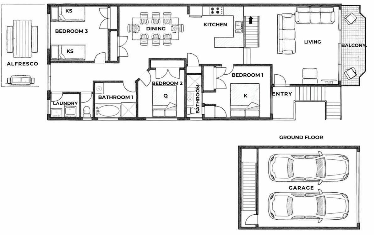 Grundriss eines Hotels mit beschrifteten Räumen, darunter ein Essbereich, eine Küche, ein Wohnzimmer und zwei Schlafzimmer.