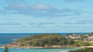 Une vue côtière comprenant une plage, l’océan et une colline boisée parsemée de bâtiments.