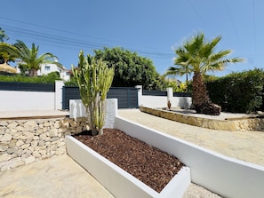 Un jardin aménagé avec des cactus, des palmiers et un mur de pierre.