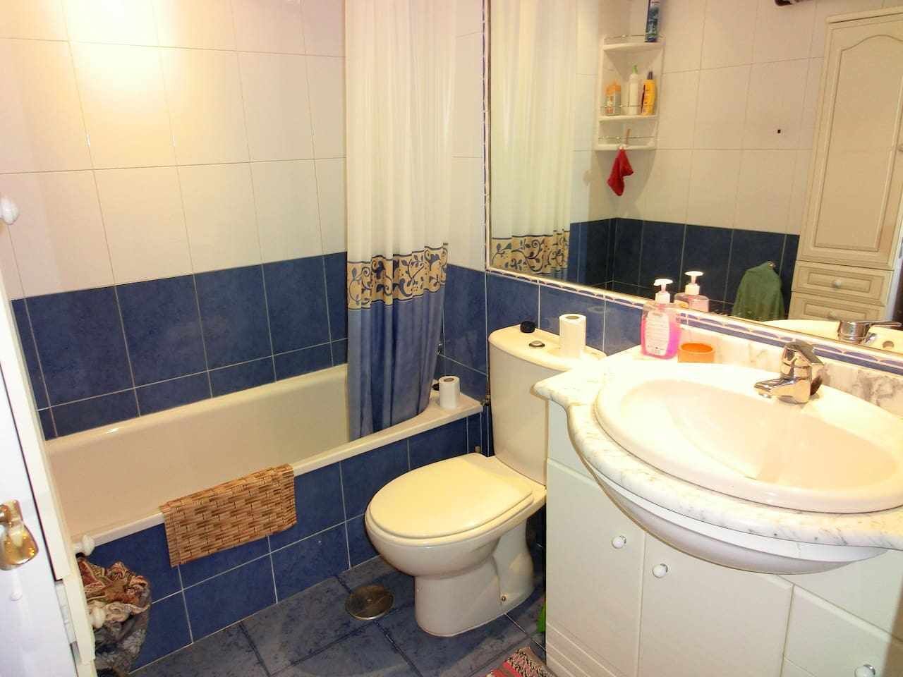 Une salle de bain avec une baignoire, des toilettes et un lavabo.