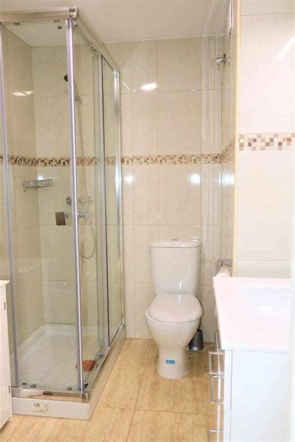 Ein Badezimmer mit einer Duschkabine, einer Toilette und einem Waschbecken.