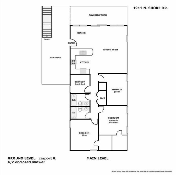A floor plan of a property at 1911 N. Shore Dr. with a covered porch, dining area, living room, kitchen, sun deck, and multiple bedrooms including a king, queen, and bunk beds. - Saltwater Gospel - Classic 2nd Row Home - 4 Bedrooms & Easy Beach Access (Surf City)