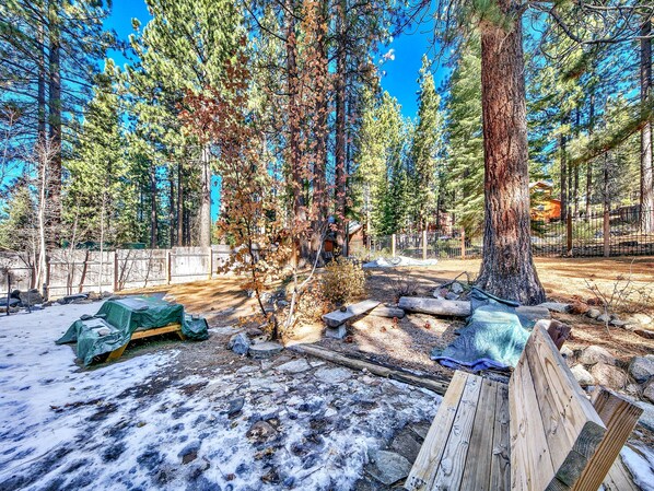 A forested area with a wooden deck, a covered seating area, and a small pond.