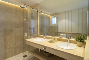 Bathtub, hair dryer, towels, soap